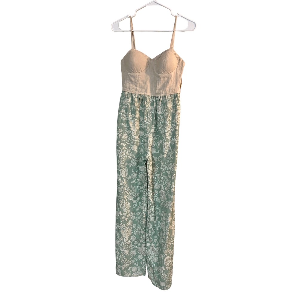 Land‎ of the Free Linen Bustier Jumpsuit Sage Green Floral Wide Leg  cottagecore
